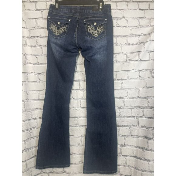 Premium Love Culture Jeans Juniors Size 7 Blue Dark Wash Denim Bling Bell Bottom - Picture 4 of 9